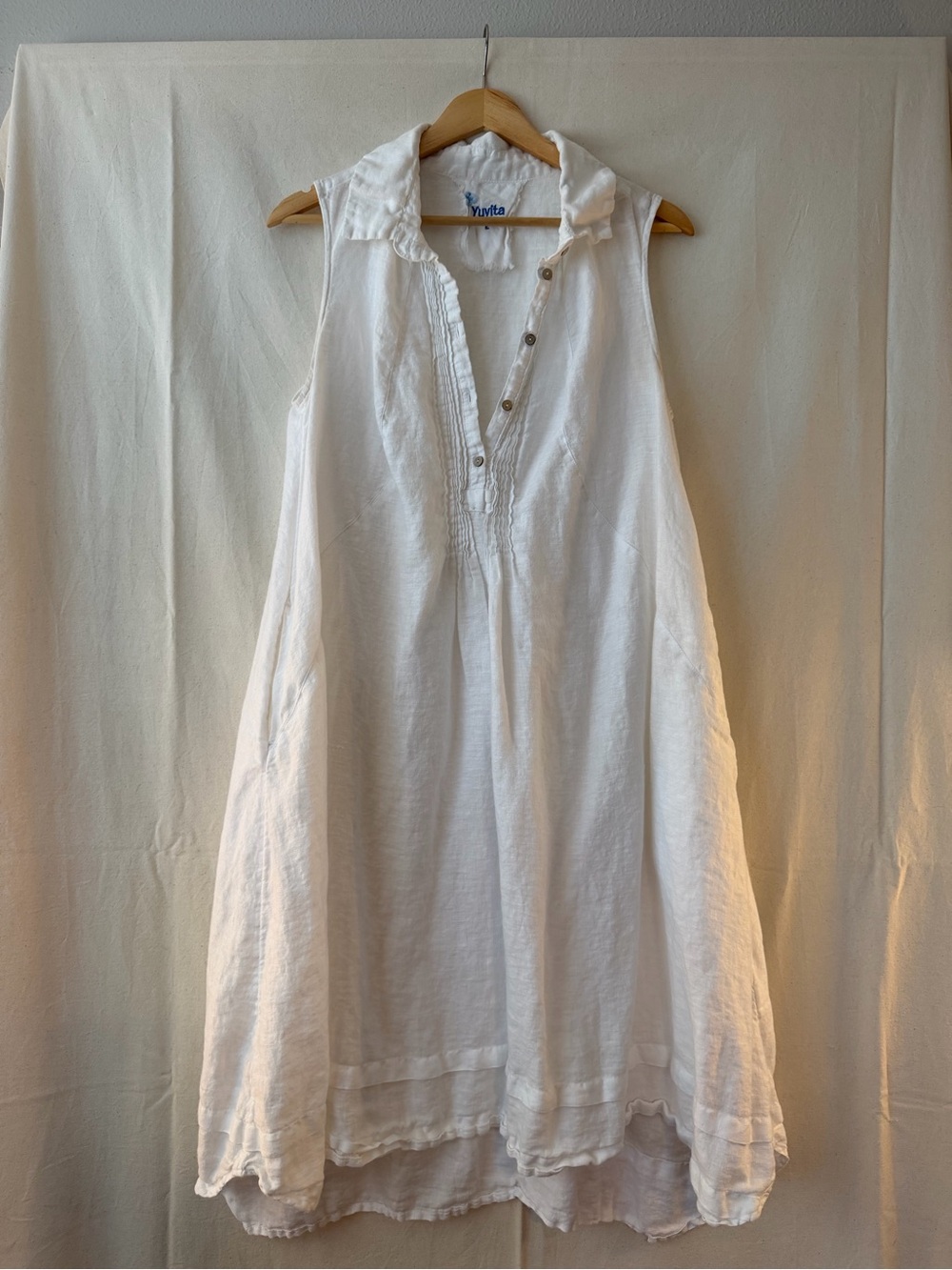 Yuvita White Sleeveless Button Down Linen Midi Dress